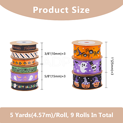 9Pcs 9 Styles Halloween Printed Polyester Grosgrain Ribbon OCOR-WH0085-74-1