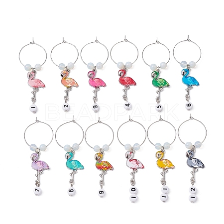 Flamingo Alloy Enamel Wine Glass Charms AJEW-JO00222-1