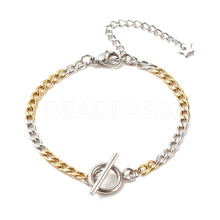 Two Tone 304 Stainless Steel Curb Chains Bracelet with Toggle Clasps for Women BJEW-JB08298-1
