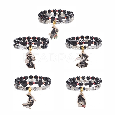 2Pcs 2 Style Halloween Alloy Enamel Charm Bracelets Set with Skull Cross BJEW-JB08006-1