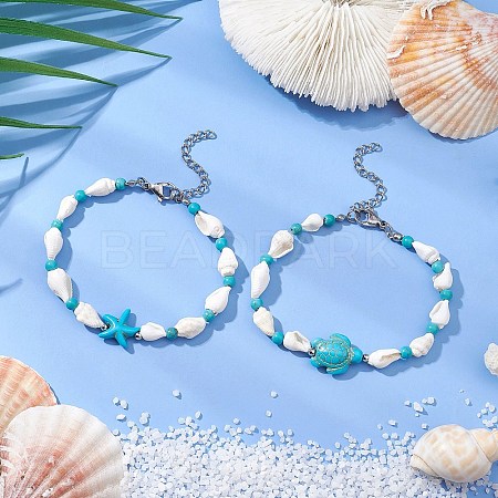 2Pcs 2 Styles Shell Beaded Bracelets BJEW-TA00586-01-1