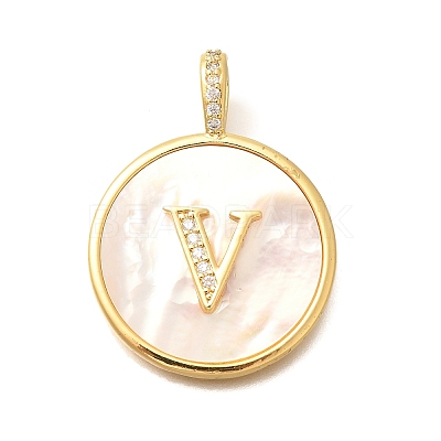 Rack Plating Brass Micro Pave Clear Cubic Zirconia Pendants with Shell KK-M309-42G-V-1
