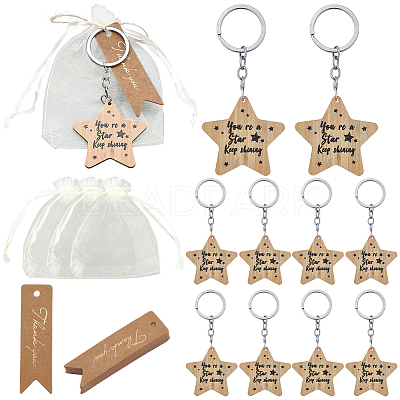 20Pcs Plywood Alloy Star Keychains KEYC-BM0001-01-1