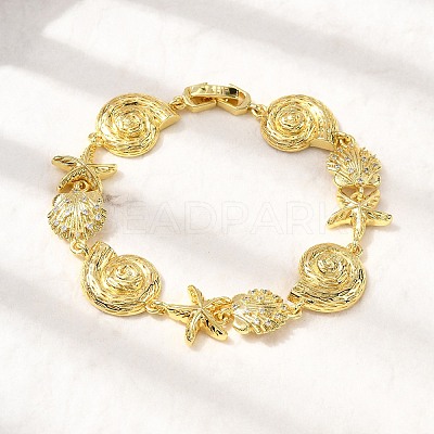 Summer Beach Brass Micro Pave Clear Cubic Zirconia Starfish & Shell Shape Link Chain Bracelets BJEW-C118-02A-G-1