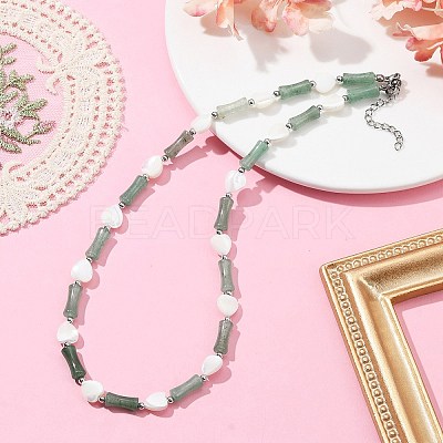 Natural Shell Heart & Green Aventurine Bamboo Beaded Necklace NJEW-TA00123-1