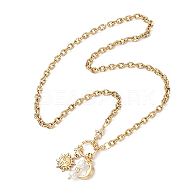 Round White Shell Pearl & 304 Stainless Steel Sun Moon Pendant Necklaces NJEW-JN05649-1