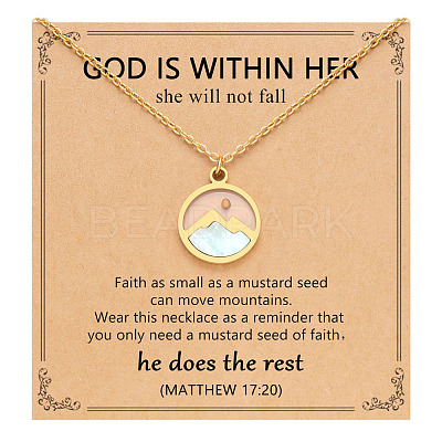 Flat Round 201 Stainless Steel Pave Natural Shell Mustard Seed Pendant Necklaces for Women WG511AE-05-1