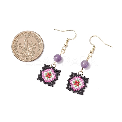 Handmade Glass Seed Beaded Window Lattice Pattern Dangle Earrings EJEW-MZ00560-1