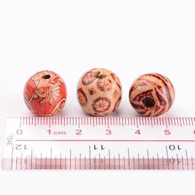 Round Printed Natural Wood Beads X-WOOD-R243-16mm-M2-1