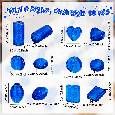 60Pcs 6 Styles Handmade Silver Foil Lampwork Beads FOIL-PH0001-01-1