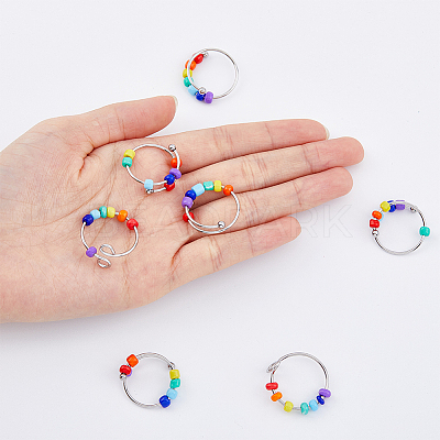 10Pcs 2 Style Rainbow Color Glass Beaded Rotating Open Cuff Rings Set RJEW-DC0001-15-1