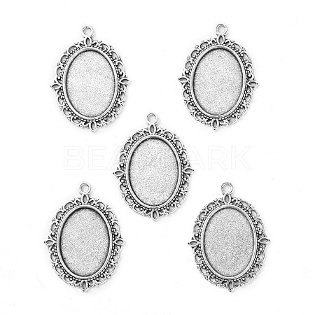 Tibetan Style Antique Silver Alloy Flat Oval Pendant Cabochon Settings X-TIBEP-M022-19AS-1