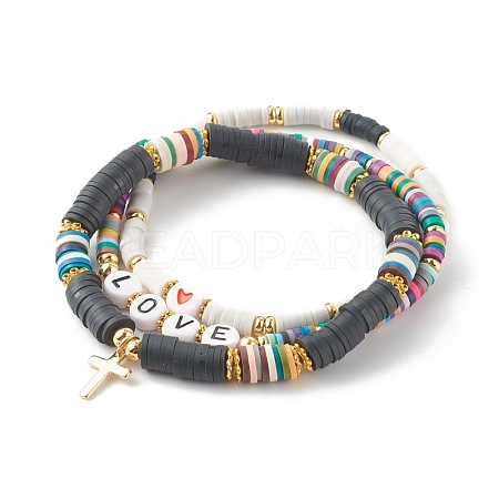Polymer Clay Heishi Beads Stretch Bracelets Sets for Valentine's Day BJEW-JB06298-02-1