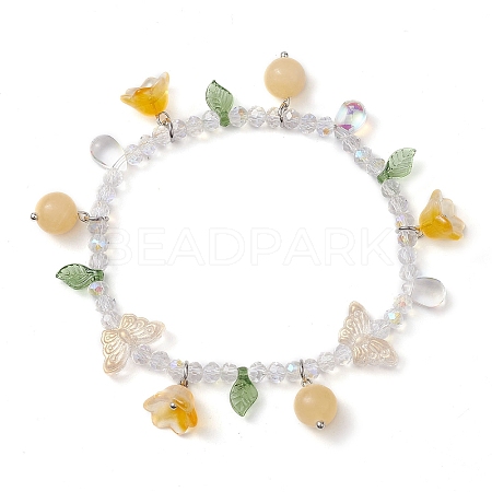 Dyed Natural Topaz Jade & Glass Beaded Stretch Bracelet with Flower Charms BJEW-JB10176-03-1