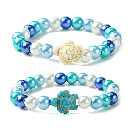 2Pcs 2 Colors 8mm Round Baking Paint Pearlized Glass Pearl Beaded Stretch Bracelet Sets BJEW-JB10899-1