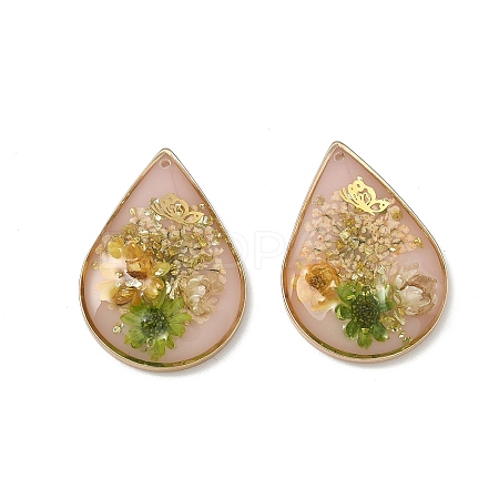 Plating Brass & Transparent Epoxy Resin & Dried Flower Pendants RE-CBAA153-01A-1