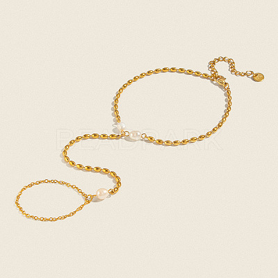 Natural Freshwater Pearl 304 Stainless Steel Rice Bead Hand Chain Ring Bracelets for Women PW2633-1