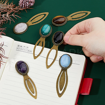 Oval Natural Rose Quartz & Tiger Eye & Black Stone & Amethyst & Agate & Opalite Bookmark AJEW-DC00018-1