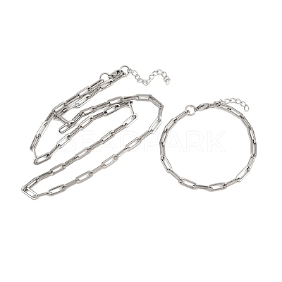 304 Stainless Steel Link Paperclip Chain Bracelet & Necklace Jewelry Sets SJEW-L199-05P-1