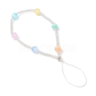 Dyed Natural Selenite & Glass Seed Round Beaded Phone Hand Strap Chains HJEW-JM03363-01-1