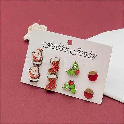 4 Pairs Santa Claus & Holly Leaves & Christmas Socking Printed Wood Stud Earrings EJEW-OY001-02-1