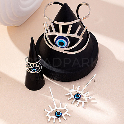 Hollow Out Evil Eye Alloy Resin Cuff Bangles & Cuff Rings & Stud Earrings Sets FS-WG3F92B-02-1