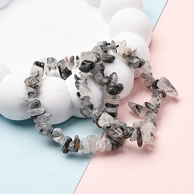 Natural Tourmalinated Quartz/Black Rutilated Quartz Stretch Bracelets X-BJEW-JB03681-01-1