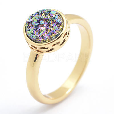 Electroplate Natural Druzy Agate Crystal Finger Rings RJEW-I054-11G-RS-1