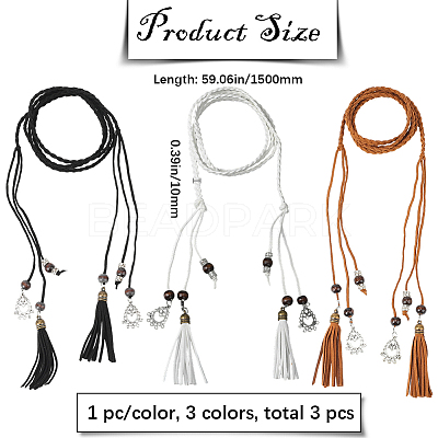 3Pcs 3 Colors Bohemian Imitation Leather Braided Tassel Wrap Chain Belts AJEW-GF0011-98-1