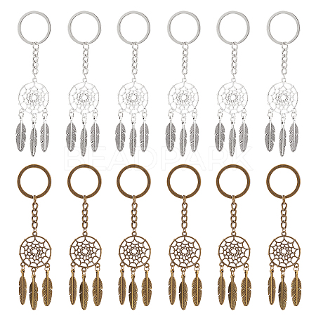  12Pcs 2 Colors Woven Net/Web with Feather Pendant Alloy Keychain KEYC-NB0001-58-1