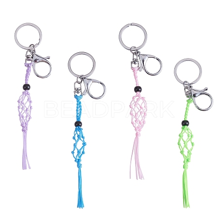 4Pcs  4 Colors Macrame Fringe Braided Keychain AJEW-SW00014-02-1