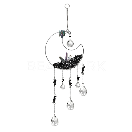 Natural Obsidian Chips Beaded Moon Hanging Ornaments PW-WGFD94D-07-1