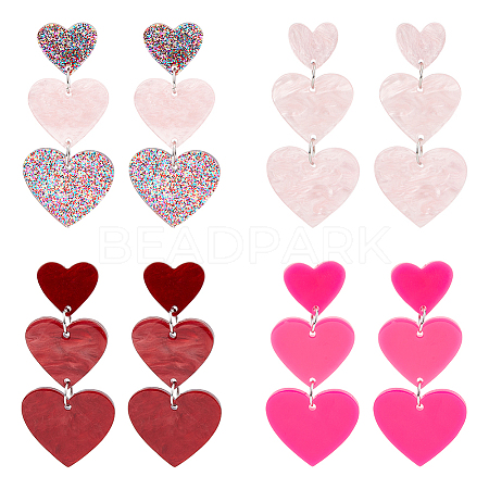 4 Pairs 4 Style Acrylic Heart Dangle Stud Earrings with 304 Stainless Steel Pins for Women EJEW-AN0004-82-1