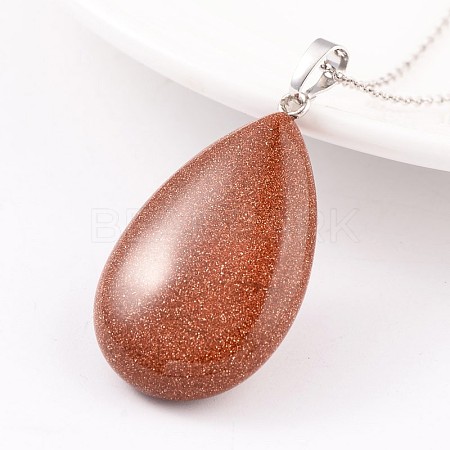 Teardrop Platinum Tone Brass Synthetic Goldstone Pendants G-F267-07C-1