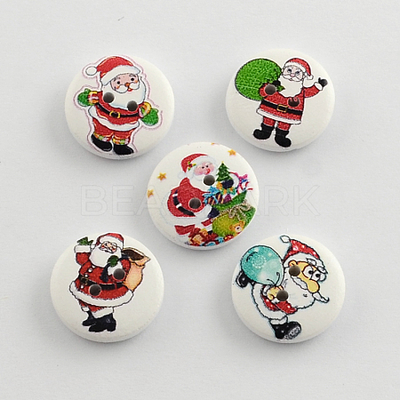 2-Hole Christmas Santa Claus Printed Wooden Buttons BUTT-R032-059-1