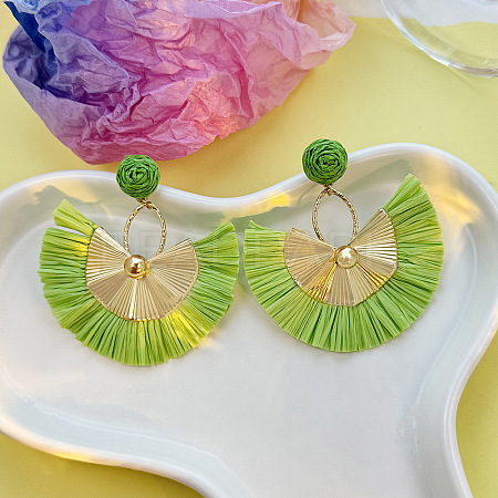 Bohemian Style Fan Alloy Raffia Dangle Stud Earrings FS-WGD68B3-01-1