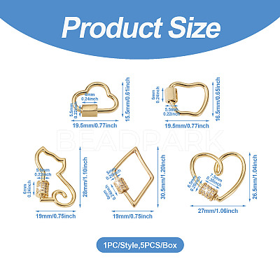 5Pcs 5 Styles Brass Screw Carabiner Lock Charms KK-FW0001-12-1
