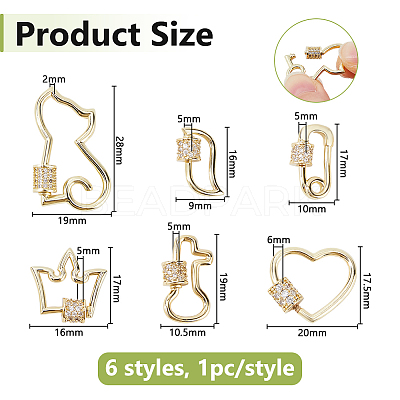 6Pcs 6 Styles Brass Micro Pave Clear Cubic Zirconia Screw Carabiner Lock Charms KK-DC0005-06-1