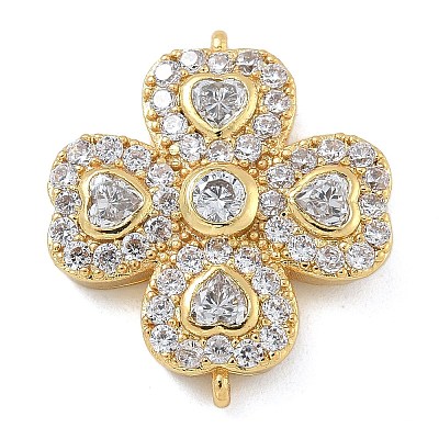 Rack Plating Brass Clear Cubic Zirconia Clover Connector Charms KK-A234-037G-1