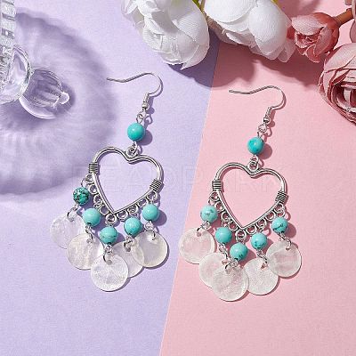 Heart Synthetic Turquoise & Capiz Shell Chandelier Earrings EJEW-TA00490-1