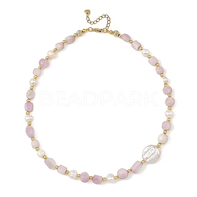 Natural Kunzite Nuggets & Natural Cultured Freshwater Pearl & Keshi Pearl Coin Beaded Bracelets NJEW-JN06574-01-1