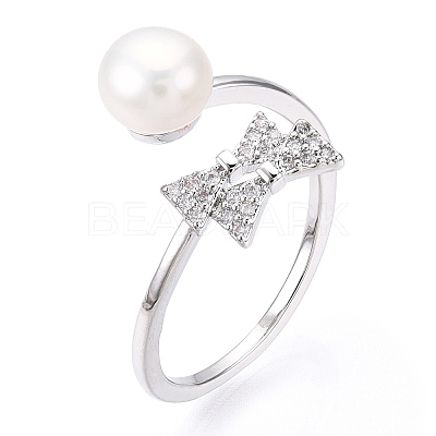 Natural Pearl Finger Open Cuff  Ring Micro Pave Clear Cubic Zirconia PEAR-N022-C03-1