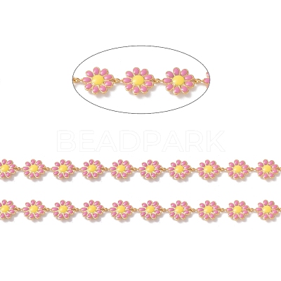 Ion Plating(IP) 304 Stainless Steel Daisy Flower Link Chains with Enamel AJEW-J035-03G-10-1