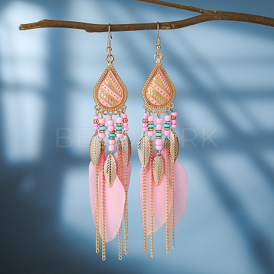 Feather Alloy Seed Beads Dangle Earrings FS-WGA085C-01-1
