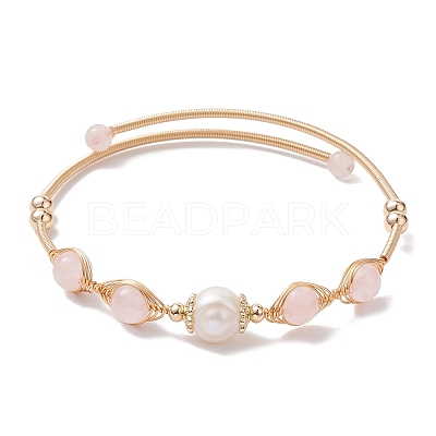 Natural Rose Quartz Round Beaded Cuff Bangle BJEW-JB10113-02-1