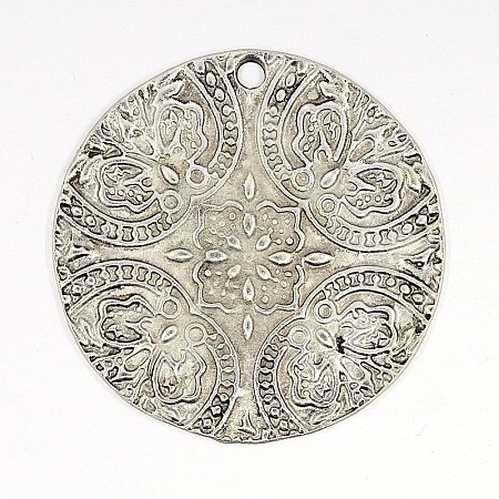 Antique Silver Alloy Flat Round Pendants X-TIBEP-QA2298-AS-LF-1