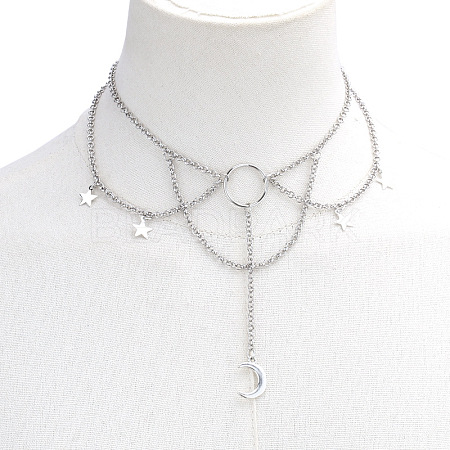 Moon & Star Zinc Alloy Tassel Layered Choker Necklaces FS-WG2E652-05-1