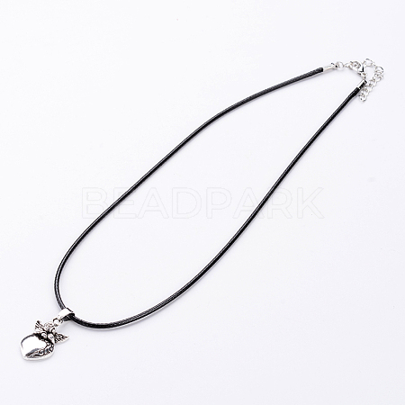 Antique Silver Alloy Heart Waxed Cord Pendant Necklaces NJEW-J054-02-1