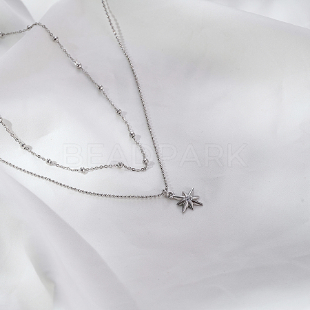 Stainless Steel Pave Clear Cubic Zirconia Star Pendant Double Layer Necklaces for Women's Daily Wear HB1579-1-1