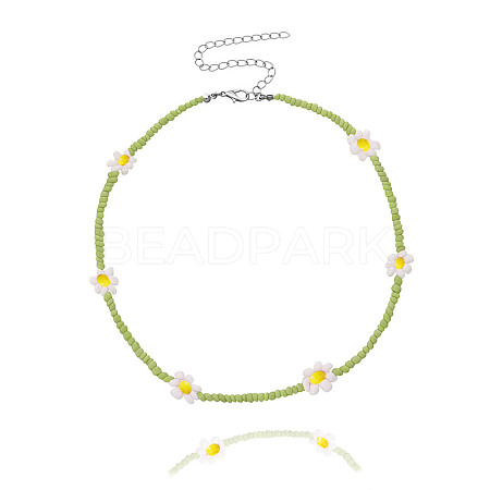 Bohemian Daisy Flower Glass Seed Beaded Necklaces with Alloy End Chains FS-WGC49A6-15-1